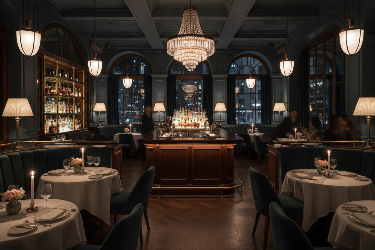 An upscale bar and restaurant features dark blue walls, a large crystal chandelier, and tables set with white tablecloths and candles.